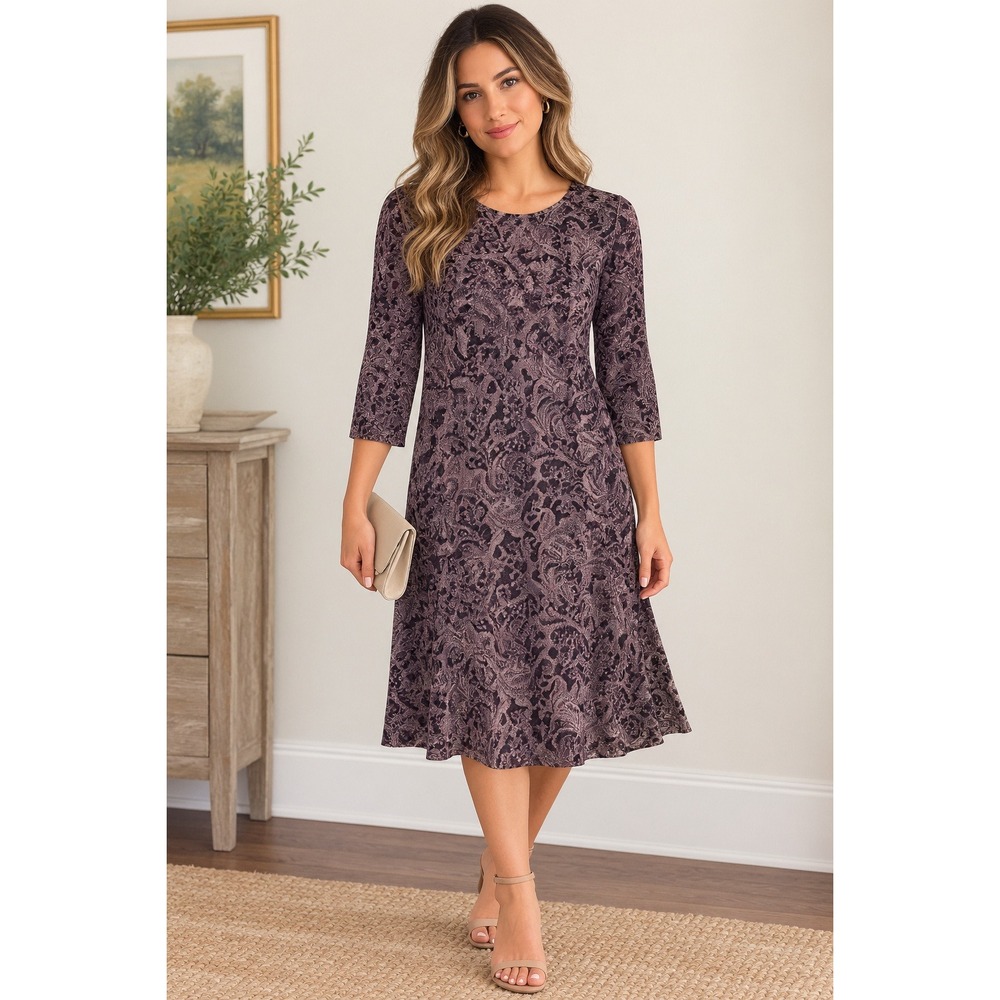 J. Jill Wearever Paisley Midi Dress Womens L Tall Purple Long Sleeve Stretch